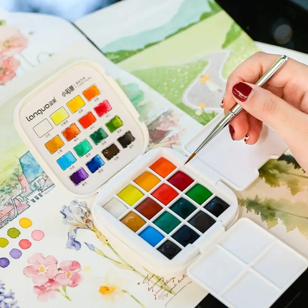 16 Colors Solid Watercolor Set Mini Portable Watercolor Paint Set With Brush & Palette Travel Sketching Painting Box Art Drawing