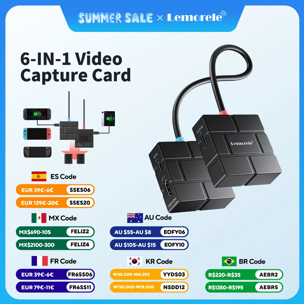Lemorele 6-IN-1 USB Video Capture Card Dual PD 100W 1080P HDMI Loop Out Video Grabber for Game Recording/Live Streaming/Teaching