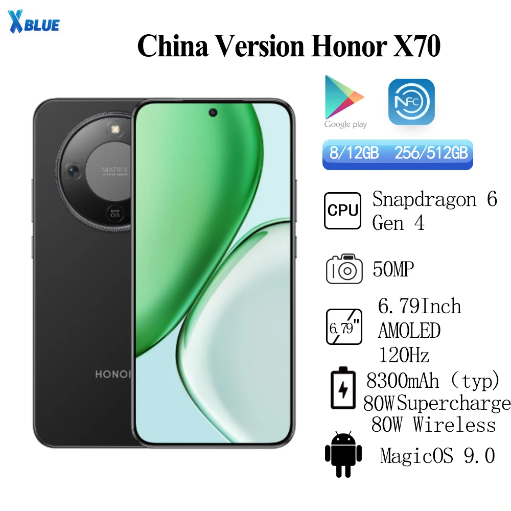 Honor X70 8300mAh 80W SuperCharge 80W Wireless 6.79 "AMOLED 120HZ معدل تحديث 50MP كاميرا خلفية OIS Snapdragon 6 Gen 4 #1