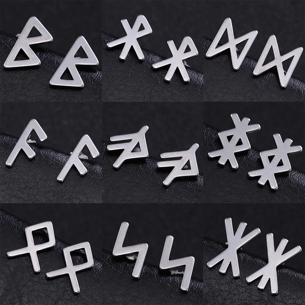 LIKGREAT Nordic Runes Letter Stud Earrings Vintage Stanless Steel Earrings for Women Men Viking Amulet Minimalist Jewelry Gift