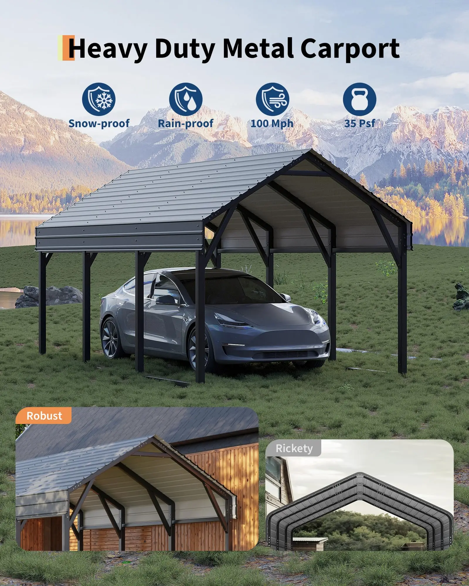 10x15 FT Heavy-Duty Metal Carport Storage Unit, Reinforced Frame, Steel Roof, All-Weather Permanent Outdoor Shelter for Cars, ATVs, Boats, Includes Anchor Bolts & U-Shaped Stakes