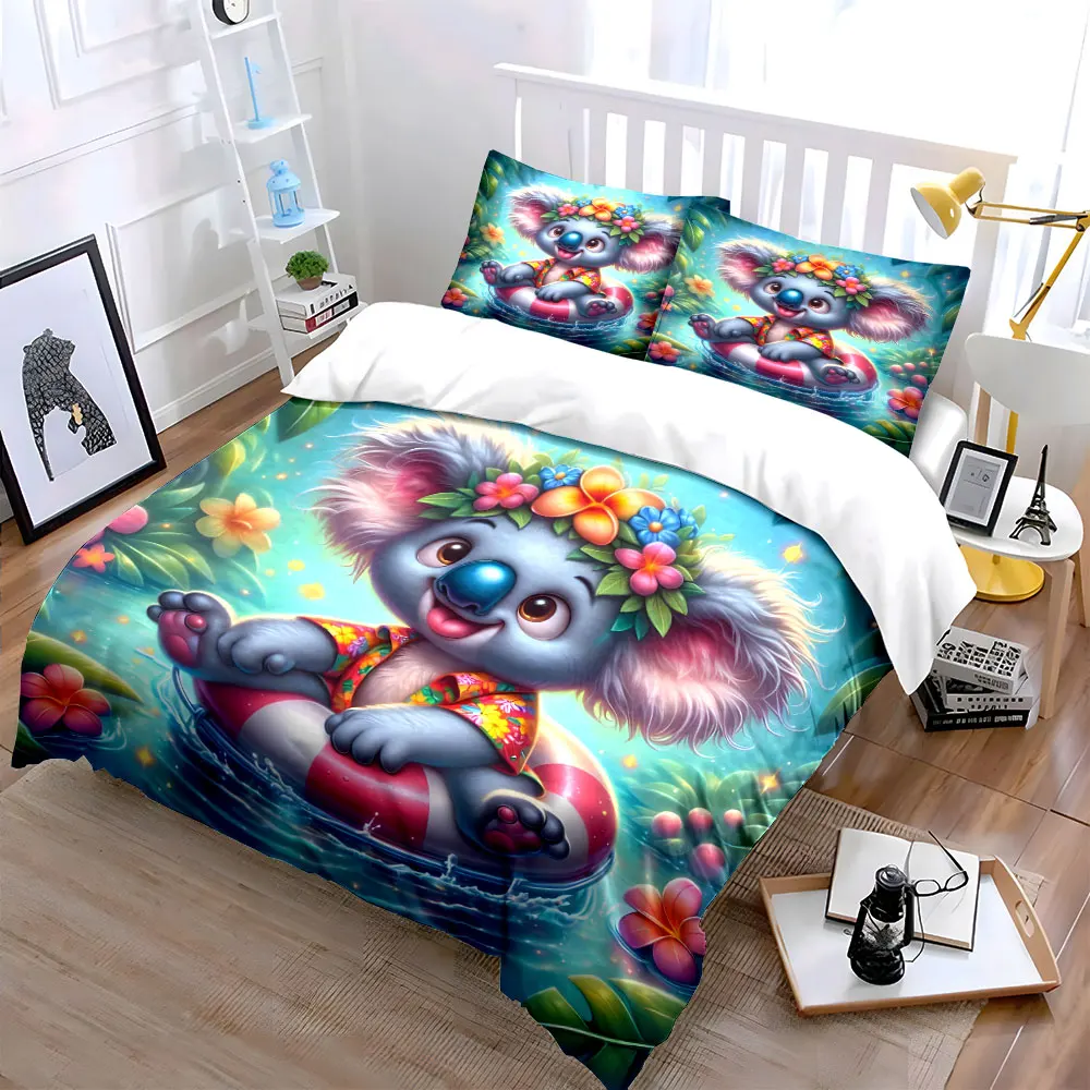 Adorable koala in floral shirt floating Print Bedding Set 1 Duvet Cover 2 Pillowcases for Adult and Children Luxury Gift