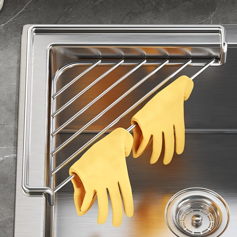 Abtropfgestell für über der Spüle, aufrollbar und dreieckig für die Küchenecke, Abtropfmatte, Edelstahlhalter, Spülbecken-Zubehör