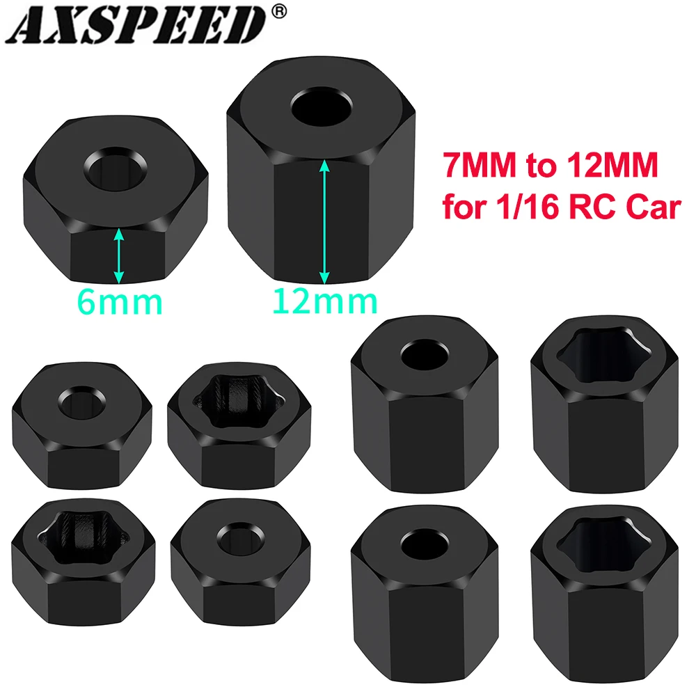 AXSPEED 4Pcs Aluminum 7mm to 12mm Wheel Hex Hub Adapters Conversion for 1/16 RC Truck Buggy Car Upgrade Accessories