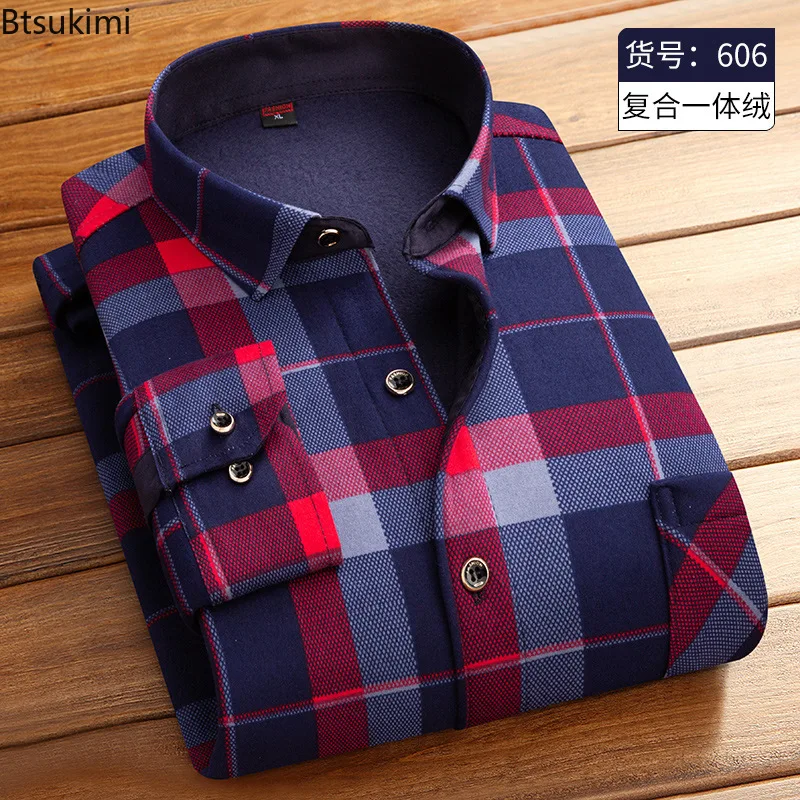 Autumn Winter Men's Shirts 2024 Fashion Thicker Fleece Warm Shirts Man Casual Long Sleeve Lapel Print Plaid Tops Men's Clothing