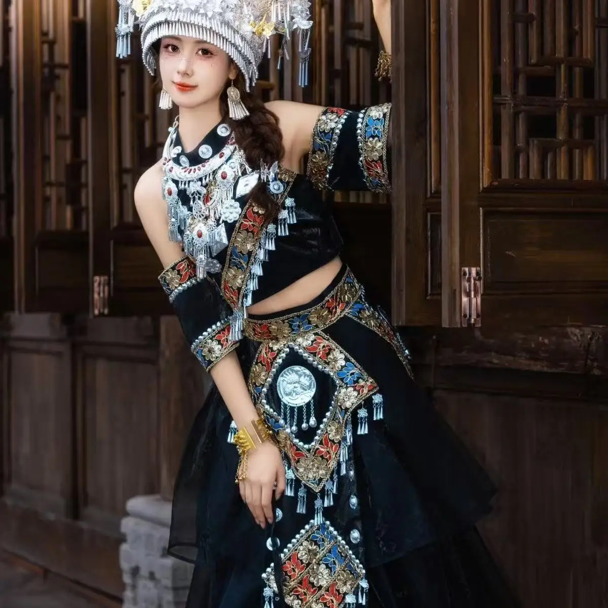 

2026 New Hmong Costume Women's National Style Miao Clothing Vintage Black Ethnic Tujia Carnival Event Stage Performance Outfits