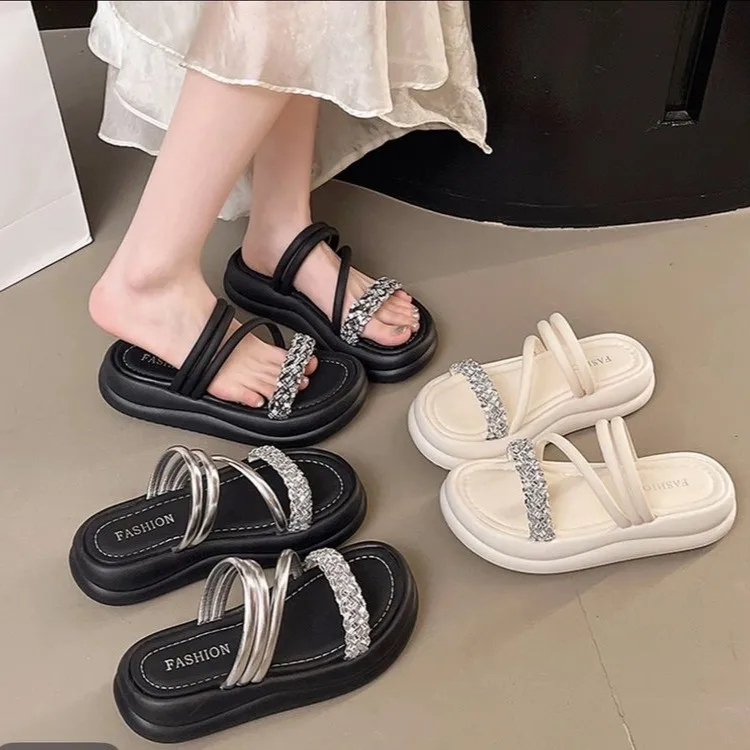 

Новые летние женские тапочки на платформе с толстой подошвой, элегантное платье с кристаллами, женские шлепанцы