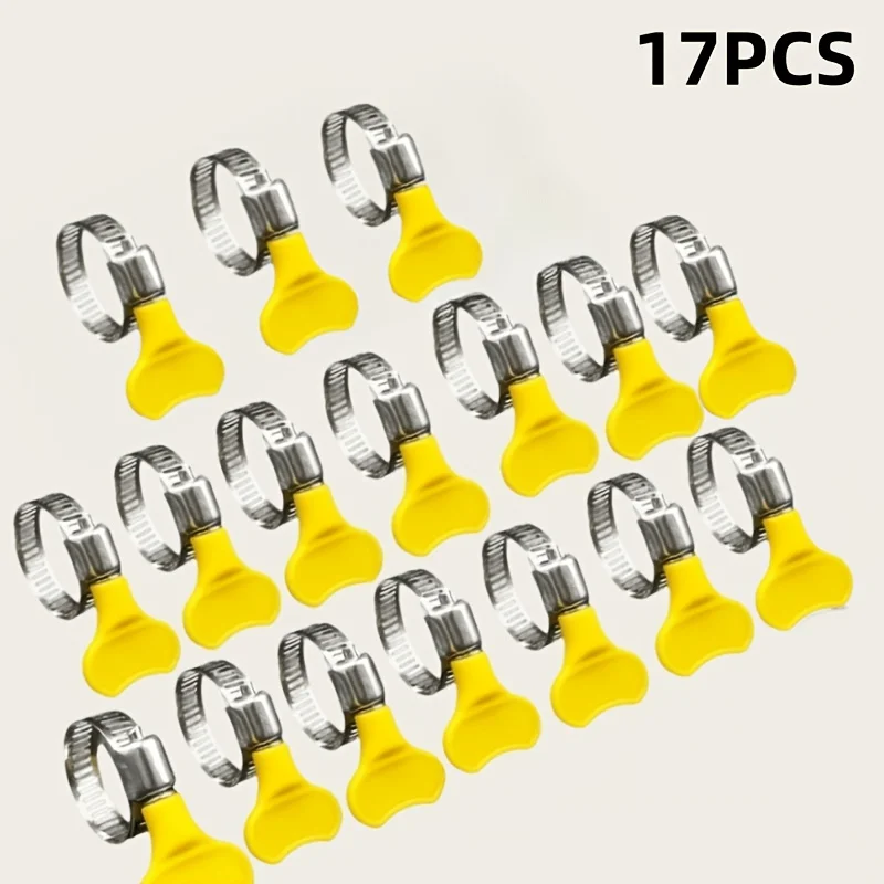 17Pcs Yellow Butterfly Handle Hose Clamps, 13-19mm Adjustable Stainless Steel Worm Gear Pipe Clips for Water Hose Repair