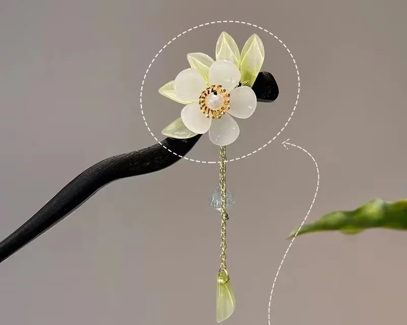 Retro Chinese Flower Headdresses Wooden Handmade Hair Sticks Forks Pendant Jewelry Floral Headpieces for Women Hair Bun Maker