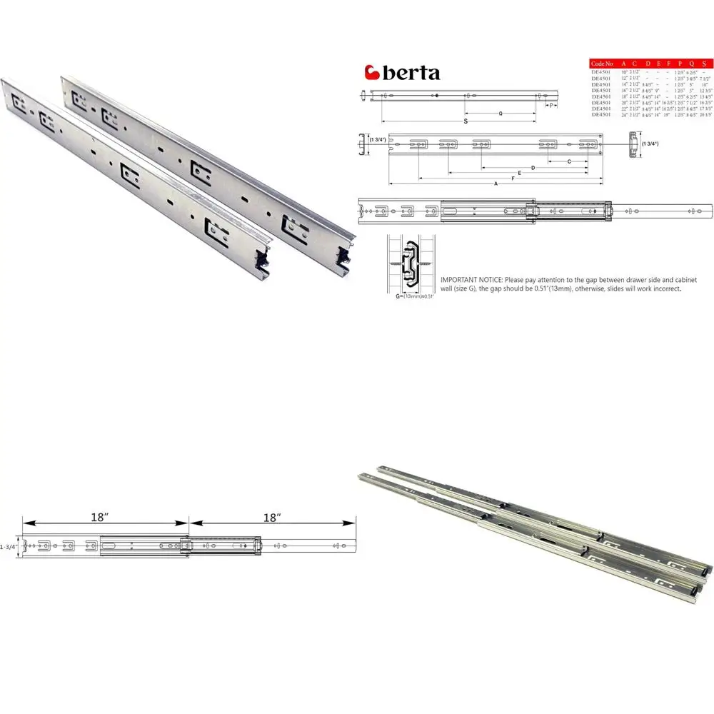 

Сверхмощные стальные 18-дюймовые направляющие шарикоподшипников, полный удлинитель, рейтинг нагрузки 100 фунтов, боковое крепление, 10 пар для ящиков