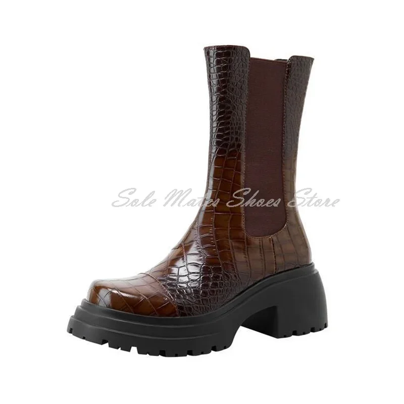 Vintage Burgundy Crocodile Pattern Women's Boots Round Toe Thick Sole Slip On Mid Calf Boots British Style Modern Boots Spring