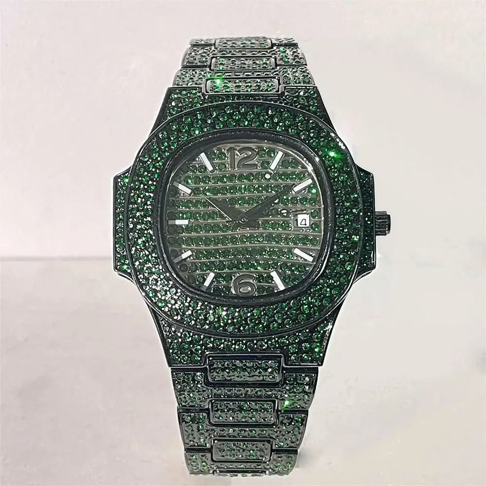 2023 MISSFOX Fashion Green Watches Mens Automatic Date Hip Hop Iced Diamond Clock Waterprof Quartz Wrist Watch Luxury Man Reloj