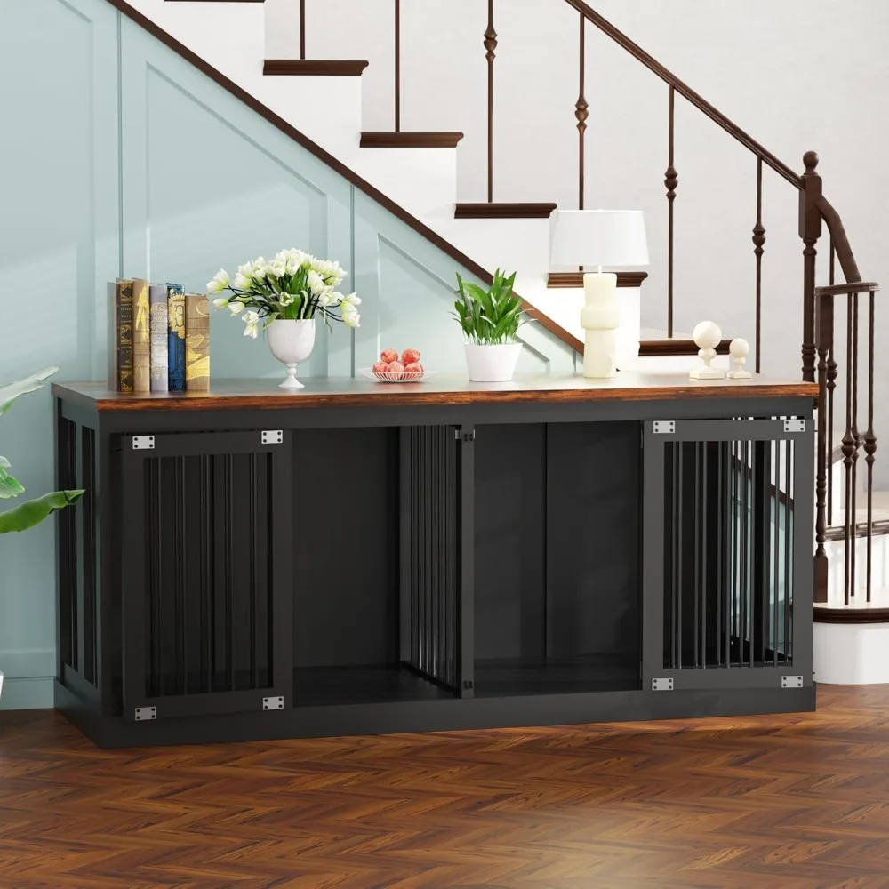 

71" Dog Crate Furniture, Large Dog Kennel Furniture, Wood Double Dogs Crate Furniture Large Breed, Dog Crates for 2 Dogs Furnitu