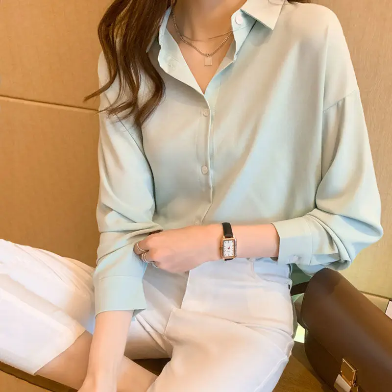 Fashion Solid Color Single-breasted Blouse Women New Classic Long Sleeve Office Polo Collar Casual All-match Lady Shirt 2022