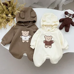 Ins Autumn Winter Baby Boy Romper Cotton Plus Velvet Long Sleeve Warm Newborn Boy Bodysuit Cartoon Bear Hooded Infant Boy Onesie