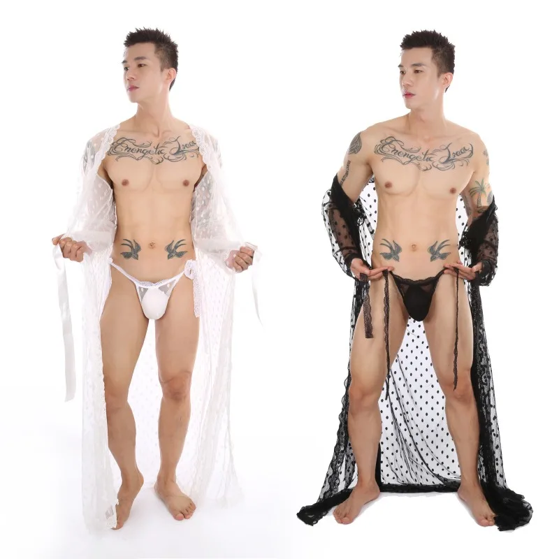 

‌Men's Sheer Lingerie Set Sexy See-Through Long Dress & Bathrobe with Thong Exotic Sleepwear 2pcs
