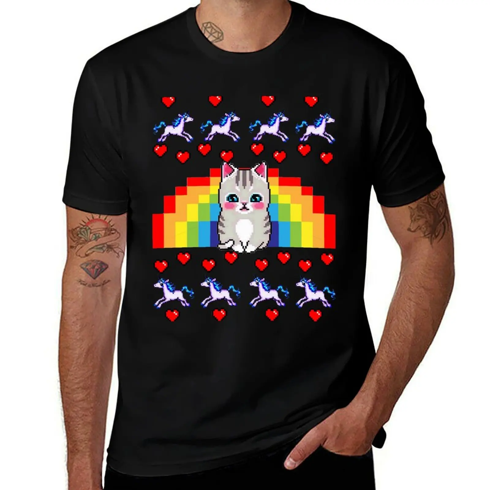 Ugly Sweater Cute Cat Rainbow Unicorn Heart Pixel T-Shirt Fitness Training Breathable Tee T-Shirt