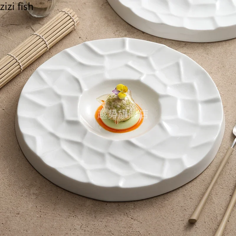 Pure White Irregular Texture Ceramic Dinner Plate Restaurant Dessert Snack Plate Sushi Plate Pasta Plates Specialty Tableware