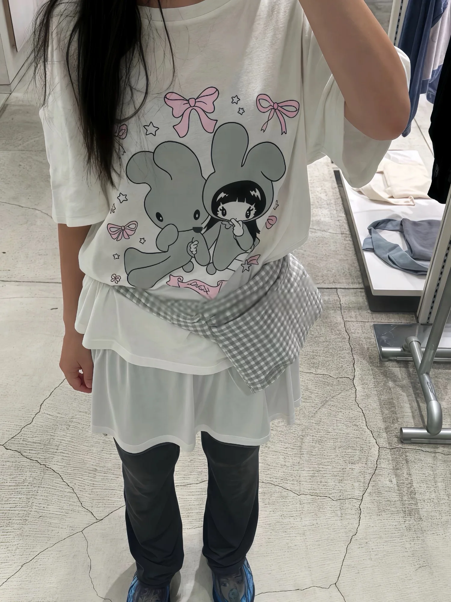 [REKon ТеNa] جينز جديد مخصص بنفس النمط لطيف رائع فتاة الأرنب طباعة س الرقبة ملابس علوية حلوة وجذابة 100٪ قطن قصير sl