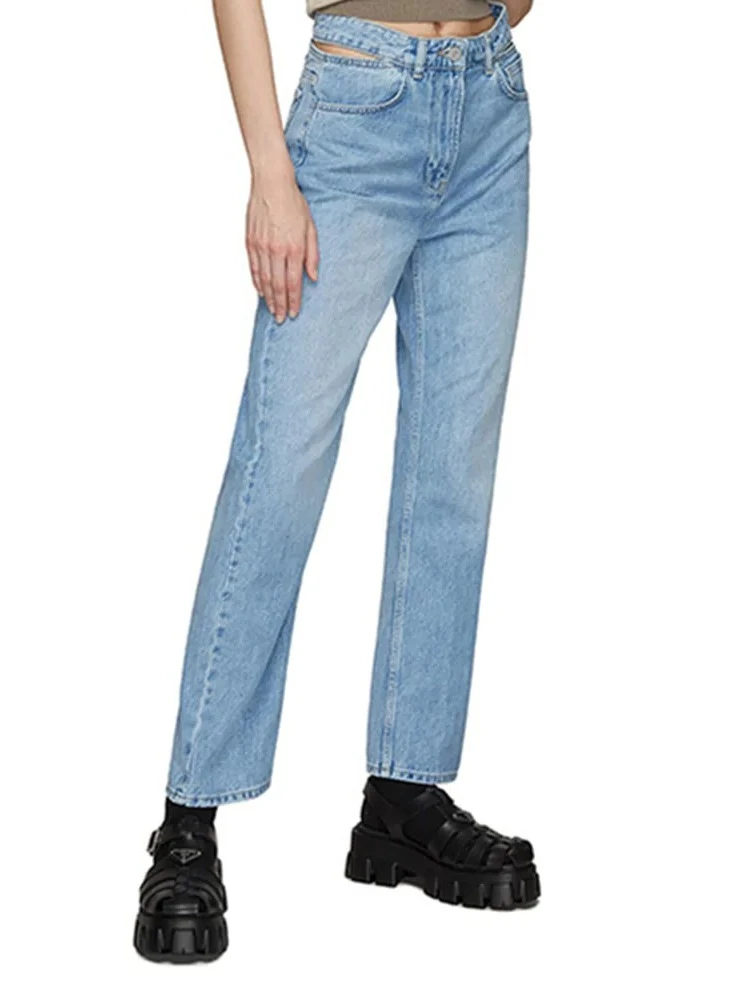 

Рваные джинсы с высокой талией, женские хлопковые свободные джинсовые брюки с прямыми штанинами до щиколотки и полым дизайном, весна 2025 г.