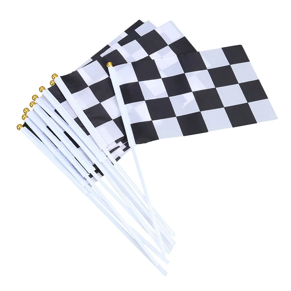 10 Pcs Black and White Racing Flag Starting Signal Grid Checkered Flags with Sticks Polyester Waving