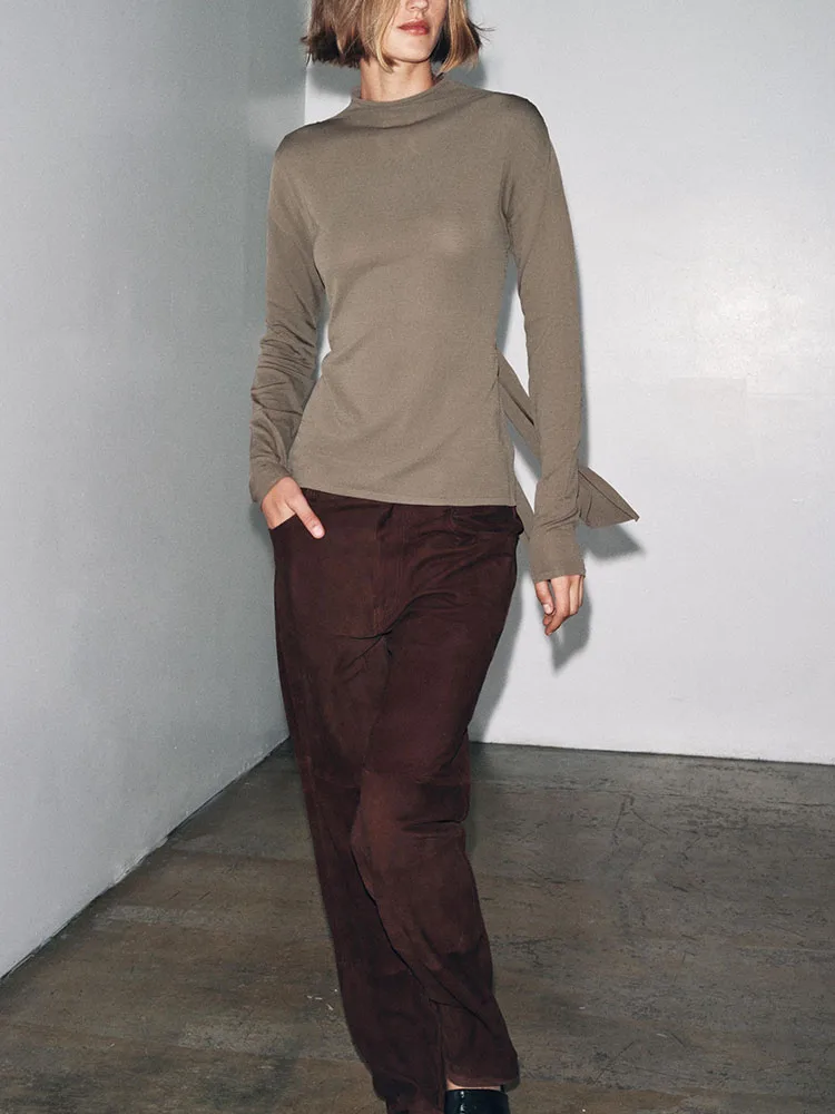 Faionable Strickoberteil mit Ba Bow Design f Hoher Kragen Long Sve Damen Herbst Neuankömmling Slim Fit Casual Sle