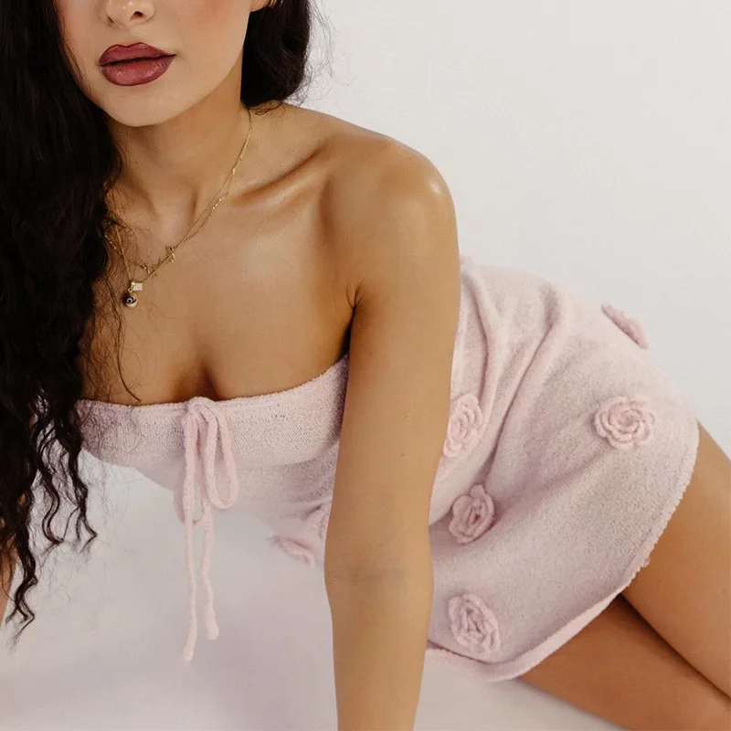 Elegant Pink Strapless Mini Dress Sexy Women 3d Flower Lace Up Backless Tight Short Dresses Evening Party Resort 2025 Summer New