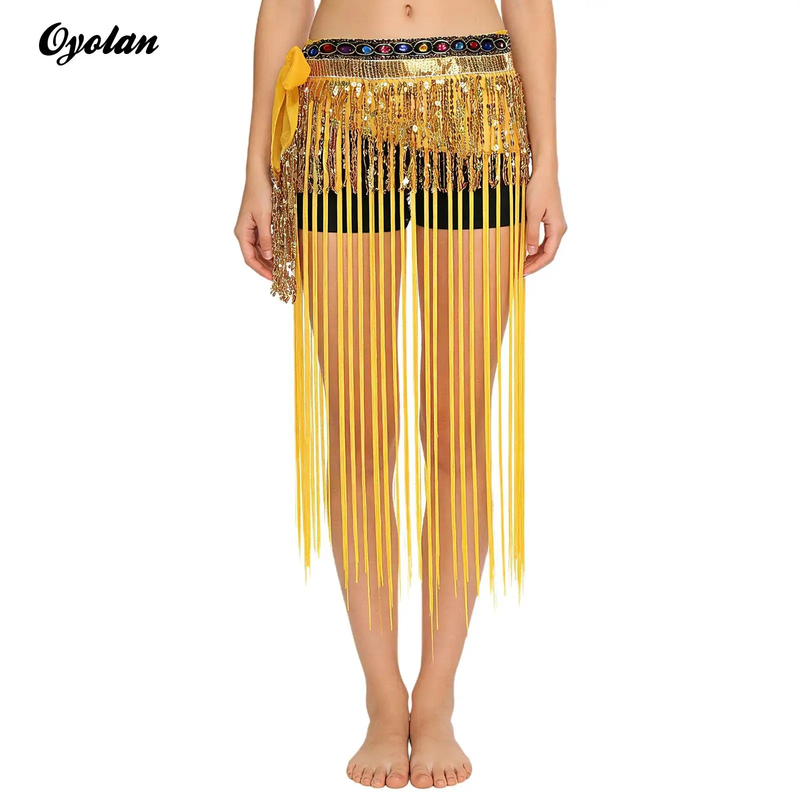 Womens Belly Dance Costume Fringed Hip Scarf Colorful Gem Decor Waistband Tiered Sequin Tassel Waist Chain Skirt for Dancing