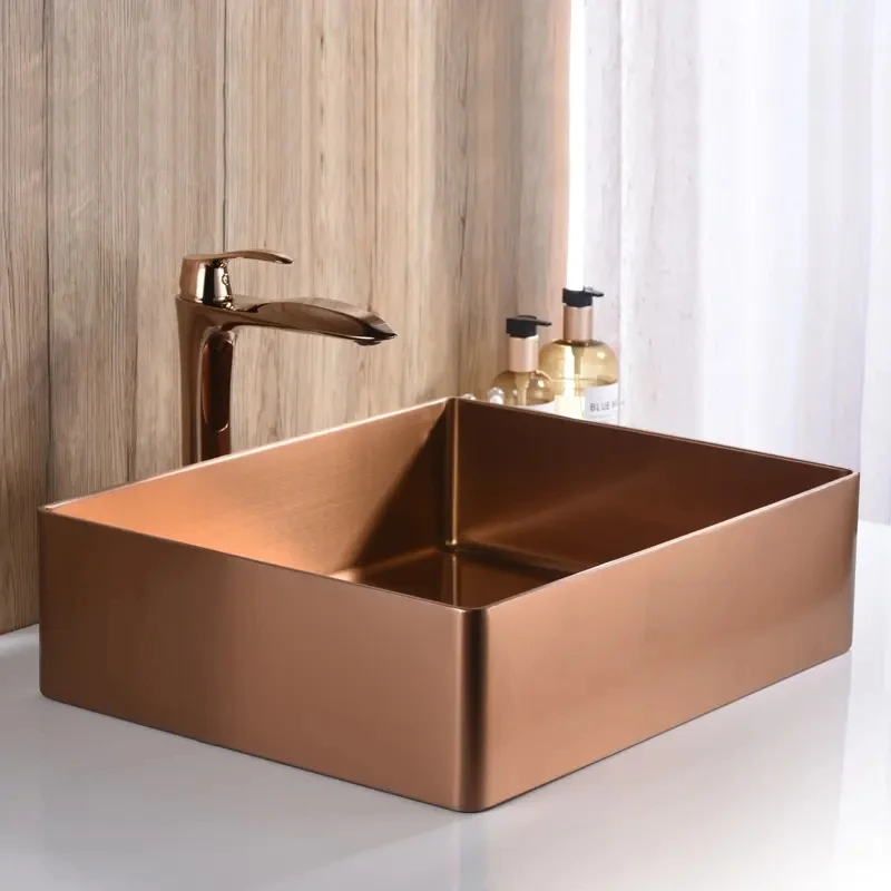 

High end rose gold 304 stainless steel rectangular countertop washbasin bathroom basin