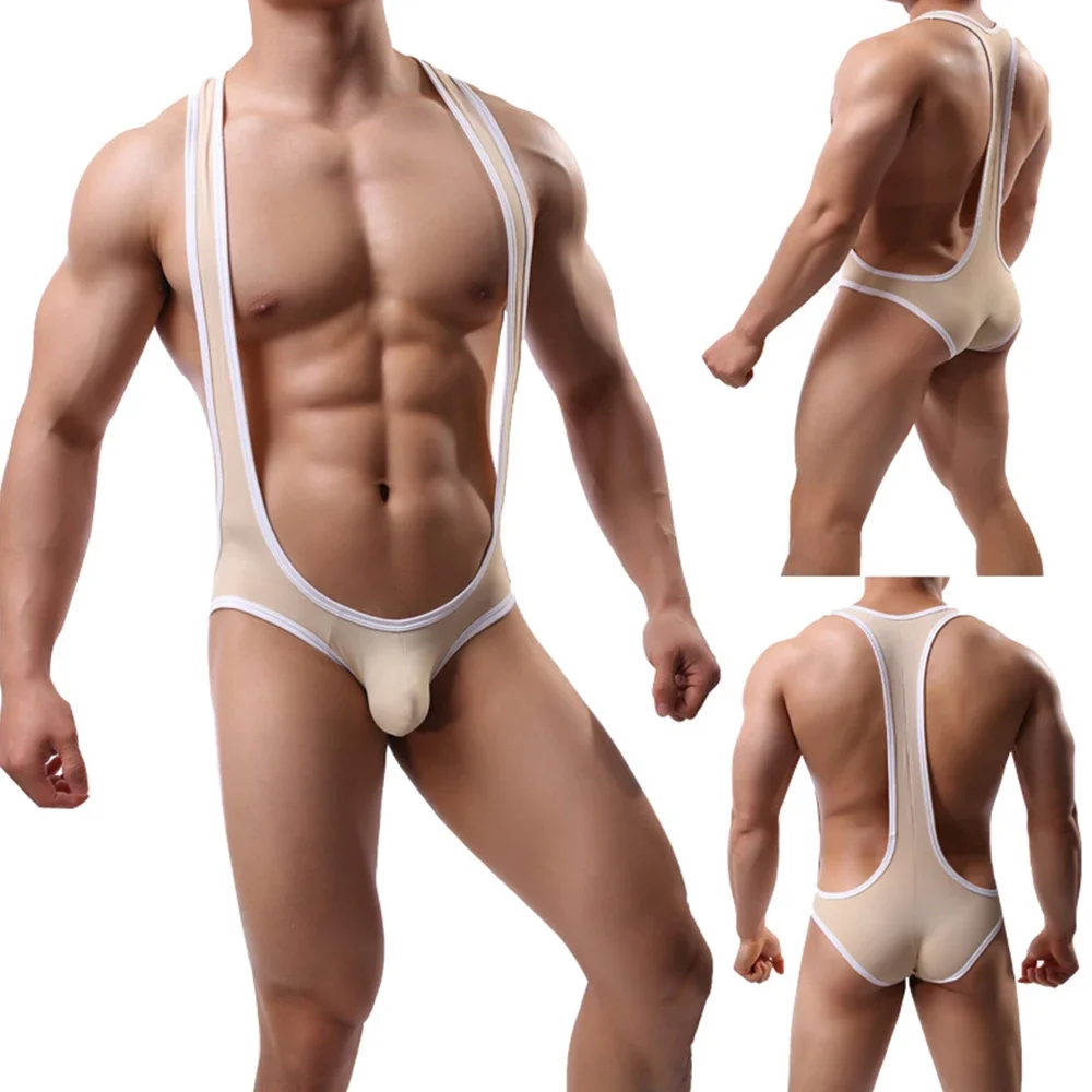 Gay Men Jockstrap Underwear Bodysuit Sexy Ice Silk Suspender Bodywear Wrestling Singlet Leotard Jumpsuit Sexy Teddies Undershirt