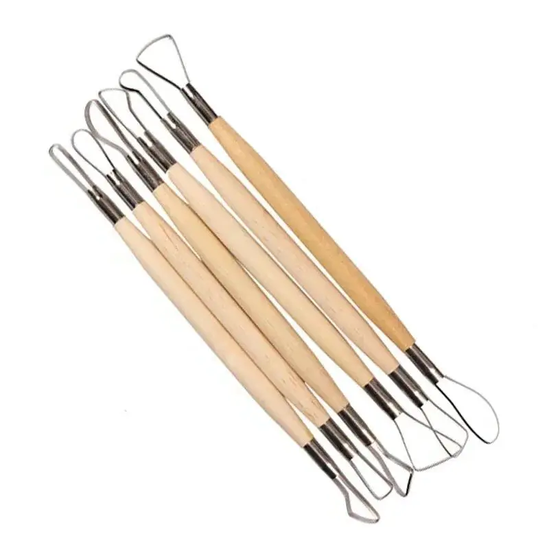 6PCS Wood Handle Pottery Clay Sculpture Carving Tool Double Heads Art Craft Wax Clay Sculpting Shaping Tools DIY Craft Set