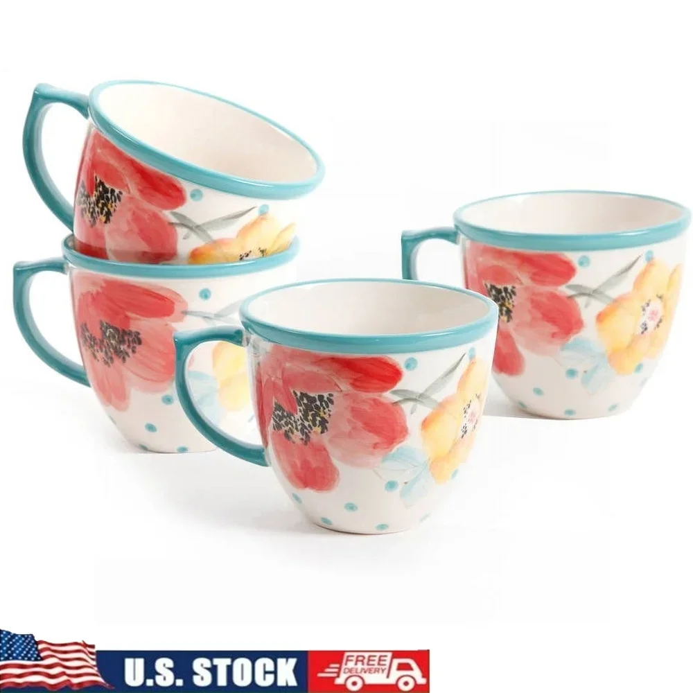 Juego de tazas de café de gres Vintage Bloom, 4 piezas, apto para lavavajillas, apto para microondas, tazas de café con patrón Floral, diversión perfecta en la cocina