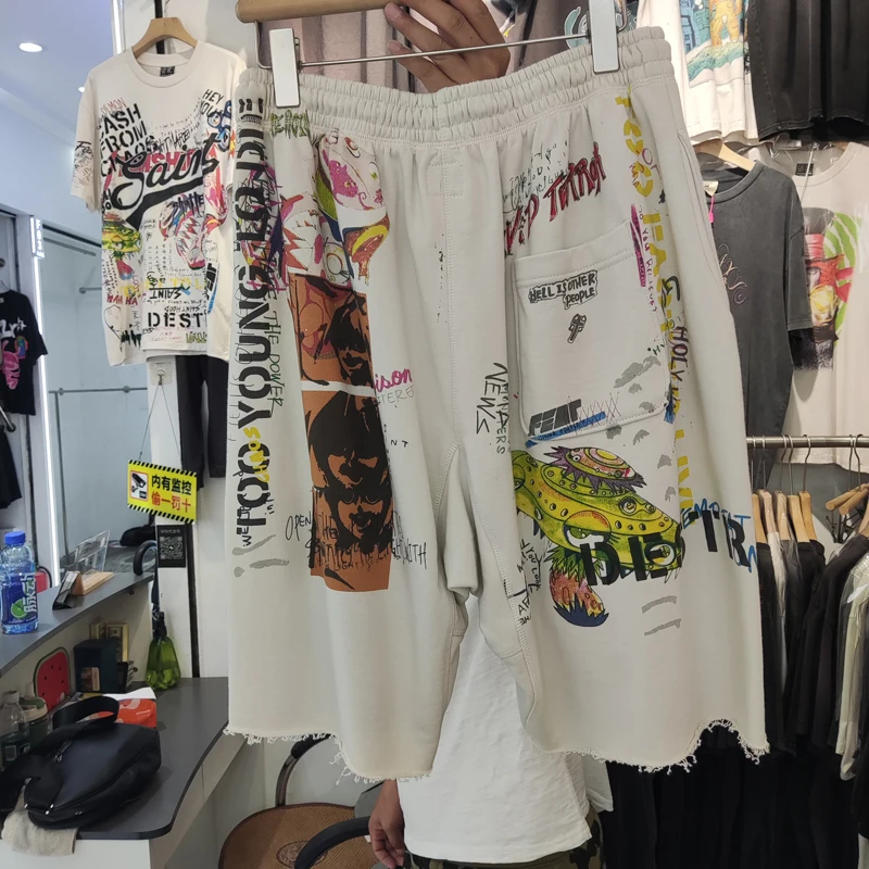 24ss Saint Men Shorts Splash Ink Graffiti Print High Street Fashion Beige White Cotton Sports Shorts SAINT Basketball Shorts