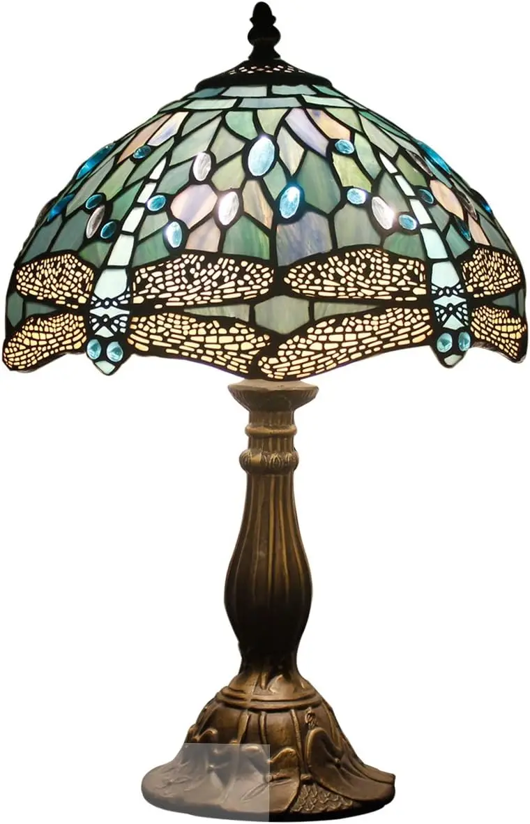 Tiffany Style Sea Blue Stained Glass Table Lamp with Dragonfly Design, 12x12x18 Inches, Desk Reading Light