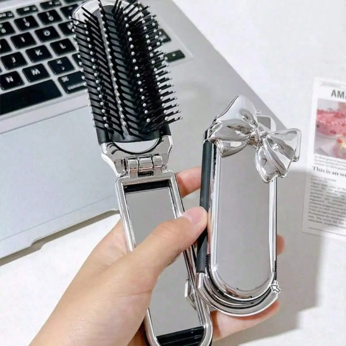 1pc pente compacto portátil com airbag e espelho de maquiagem portátil, pente de almofada de ar ideal para uso diário e escova de cabelo de viagem