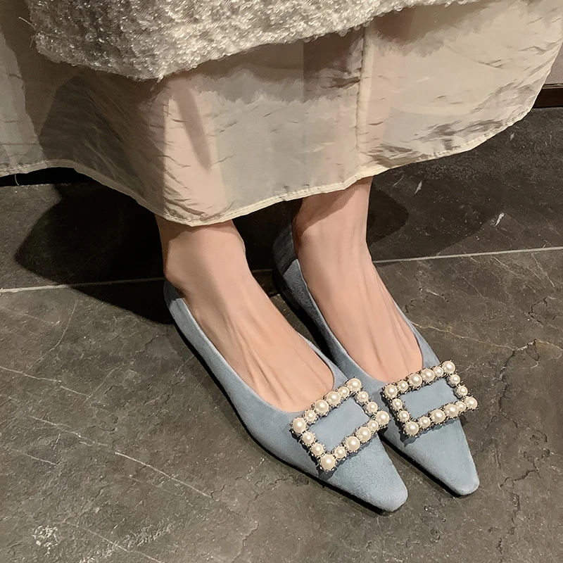 أحذية النساء اللؤلؤ مشبك ساحة تو جلد الغزال الفاخرة الشقق كعب منخفض امرأة جديدة ربيع الخريف اليدوية أحذية بسيطة #2