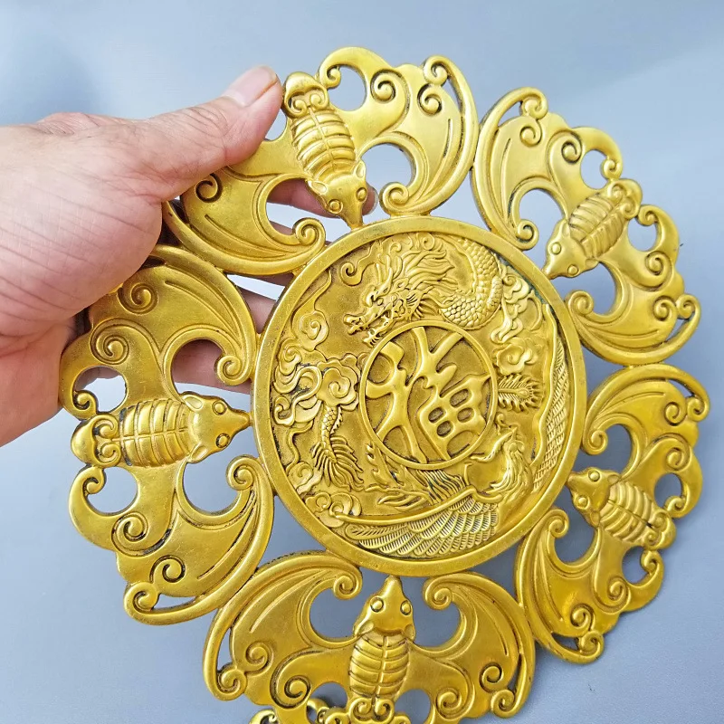 Pure Copper Five Blessings Feng Shui Copper Ware Pendant Decoration Dragon and Phoenix Bat Lucky Fortune Home Living Room Decor