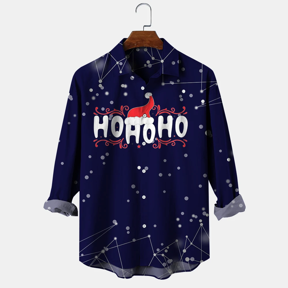 Camisas con estampado de letras navideñas para hombres, blusas casuales de un solo pecho, camisa de manga larga, ropa de calle, Tops de solapa, ropa de tendencia para hombres