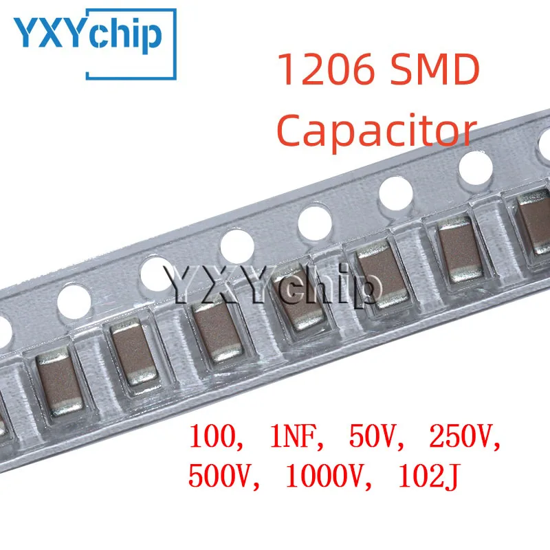 Condensador de cerámica multicapa, Chip NPO SMD, 20 piezas, 1206, 100, 1NF, 50V, 250V, 500V, 1000V, 102J, 5%, C0G