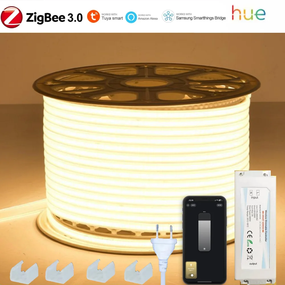 ZIGBEE 3.0 220V COB LED Strip Light RA90 Super Bright 288LEDs/m Flexible Outdoor Lamp Waterproof LED Tape Tuya APP for Alexa