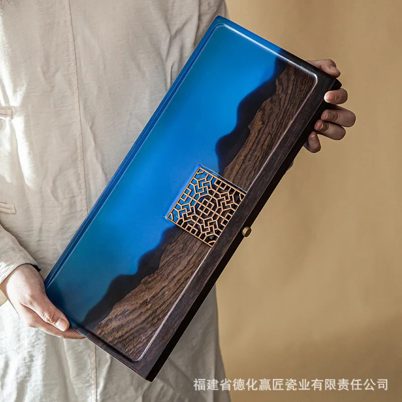 Black Ebony Wood and Blue Resin River Tea Tray, Dry-Wet Dual Use Tea Board with Mountain Landscape Design