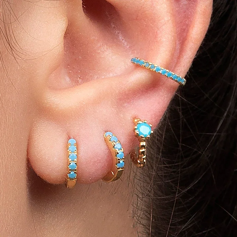 925 Sterling Silver Needle Blue Turquoise Stud Earrings for Women Luxury Blue Crystal Pendant Gold Earrings Fashion Jewelry