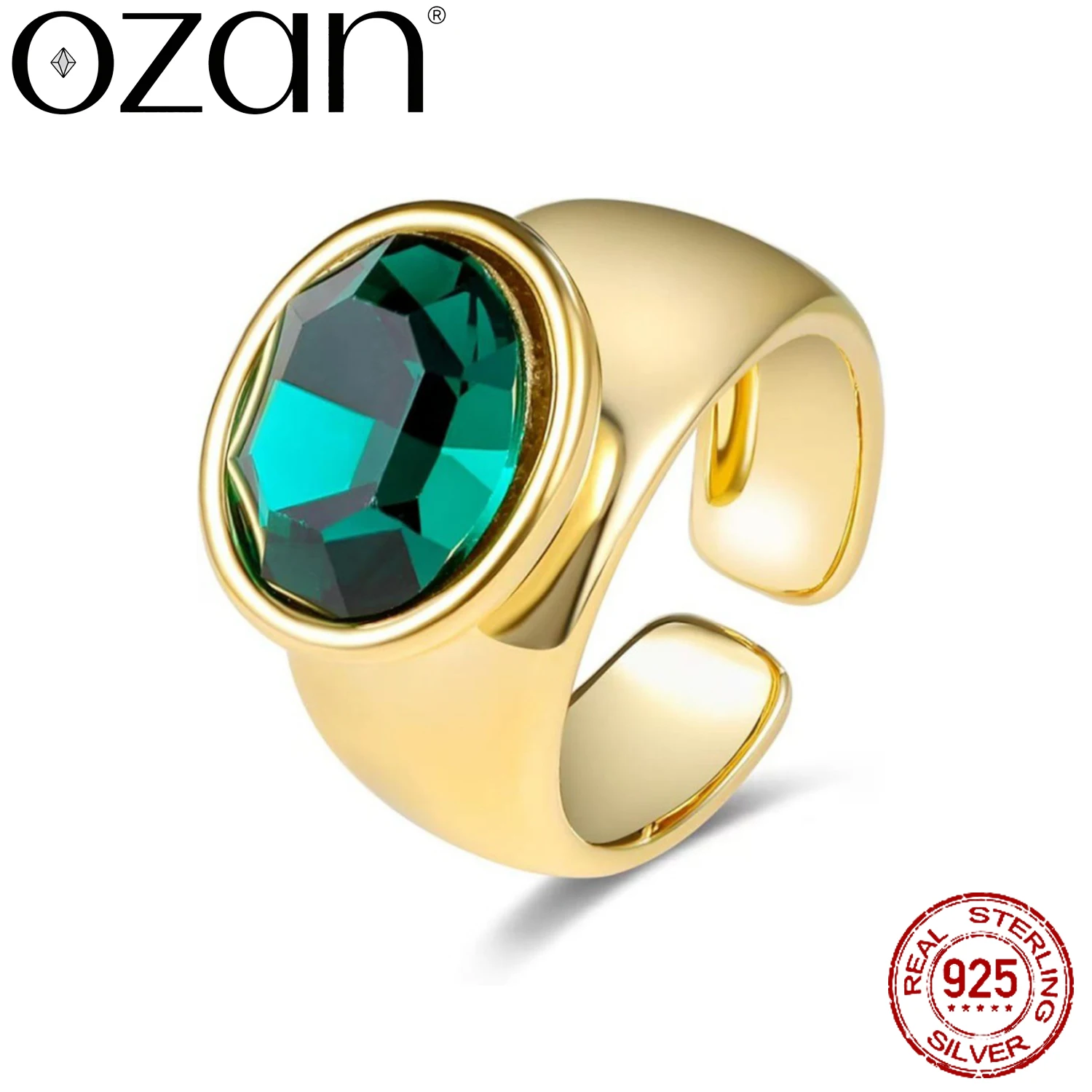 Anillo OZAN de plata de ley 925 con circonita verde redonda, anillo de cóctel abierto ajustable, chapado en oro amarillo de 18K, joyería con piedras preciosas para mujer.