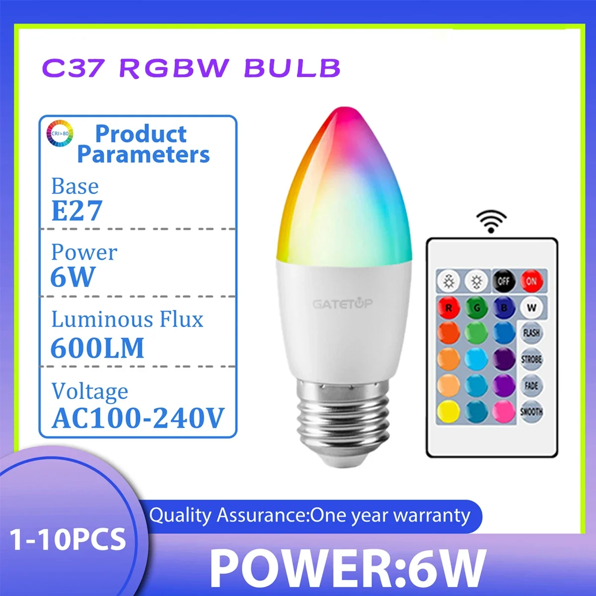 

1-10PCS 6W RGB LED Candle Bulb E27 24Key Remote Control Dimmable AC100-240V Color Changing Light for Bedroom Living Room