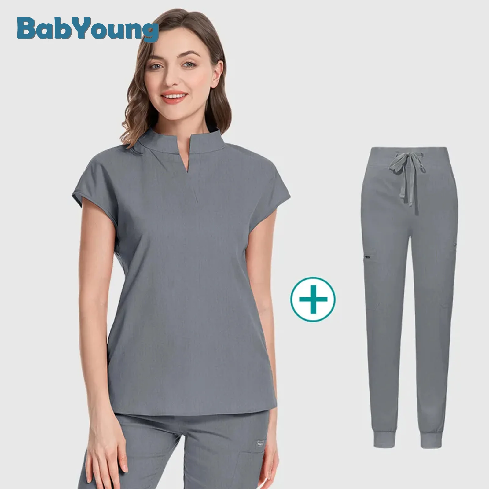 Scrubs Set for Women Pet Hospital Uniform Set Scrub Suits Solid Color Unisex Surgical Gown Pocket V-neck Joggers Wholesale Price