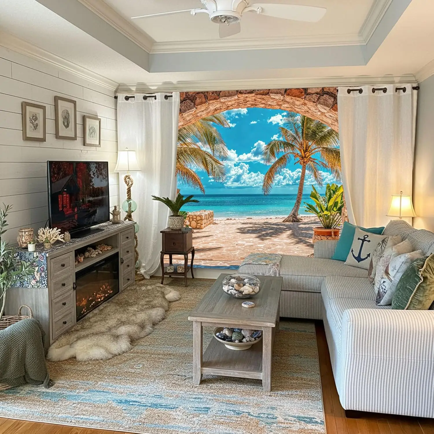 Mediterranean Beach View Tapestry, Stone Arch with Palm Trees & Turquoise Ocean Print Wall Hanging for Vacation Aesthetic Decor