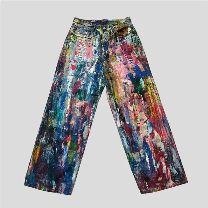 Rainbow Digital Print Loose Straight Leg Jeans 2025 Autumn Winter New Style Unisex Low Waist Long Pants Zipper Closure