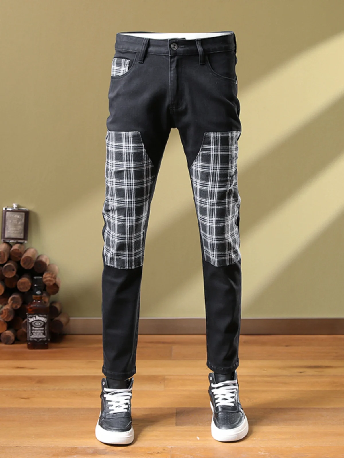 

Bla Slim Fit Men's Jeans High Street Sle Autumn Winter Trendy Brand Patchwork id Elastic Casual Cotton Stretch Long Pants