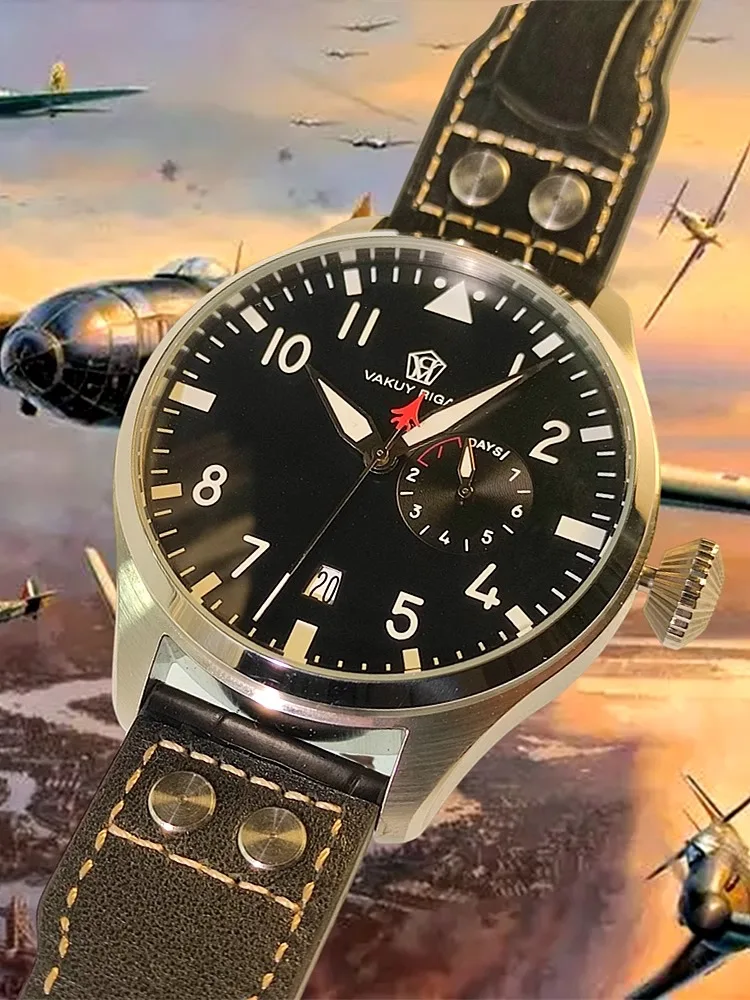 48mm Vakuy Automatic Mechanical German Pilot's Sport Watch 2C30 Movement Luminous Large Dial Kinetic Display Luminous