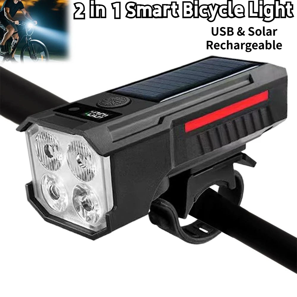 2 in 1 Smart Bicycle Light & High-decibel Horn Light-sensing Intelligent Lighting USB Solar Rechargeable Bike Headlight
